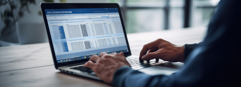 Person using a laptop displaying data analysis spreadsheets, representing streamlined digital workflows and automated financial processes.