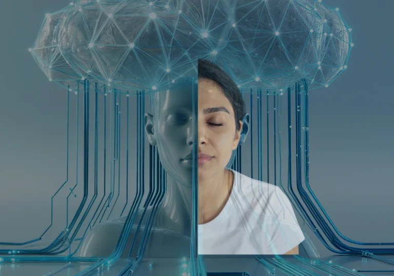 A human face merging with an AI model to illustrate human and machine intelligence working together.