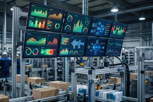 Medium shot of packaging line production dashboards displaying realtime operational status and throughput efficiency via IoTenabled sensors.
