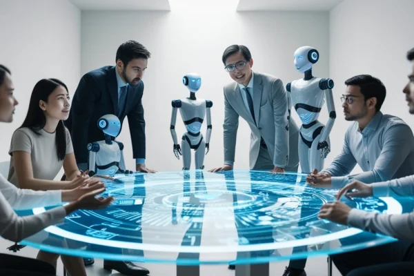 Bots consult around a boardroom table with managers